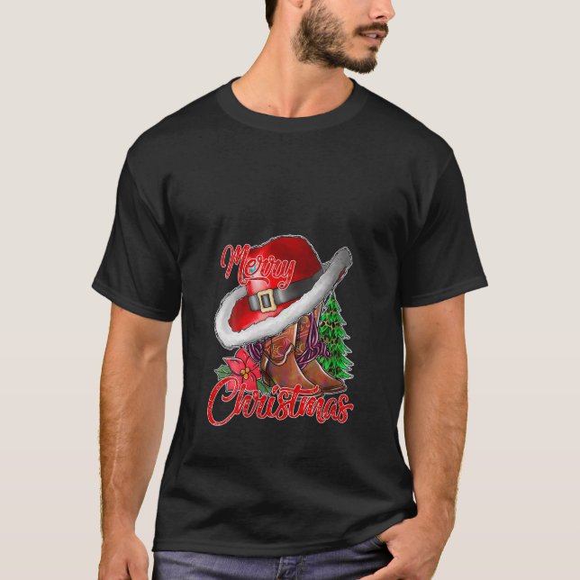 Merry Christmas Cowboy Boots Xmas Tree Lights Cowg T-Shirt (Front)