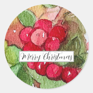 Merry Christmas Cranberries Fruit Watercolor Classic Round Sticker