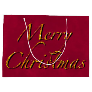 Merry Christmas, cranberry gold elegant calligraph Large Gift Bag