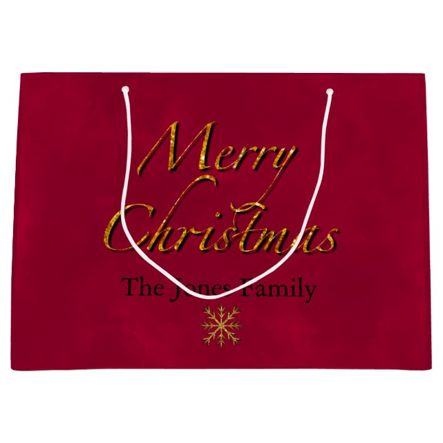 Merry Christmas, cranberry gold elegant calligraph Large Gift Bag (Front)