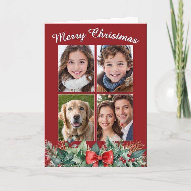 Merry Christmas Cranberry Red 4 Photo Collage Holiday Card (Front)