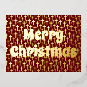 Merry Christmas Cross elegant retro red burgundy Foil Holiday Postcard