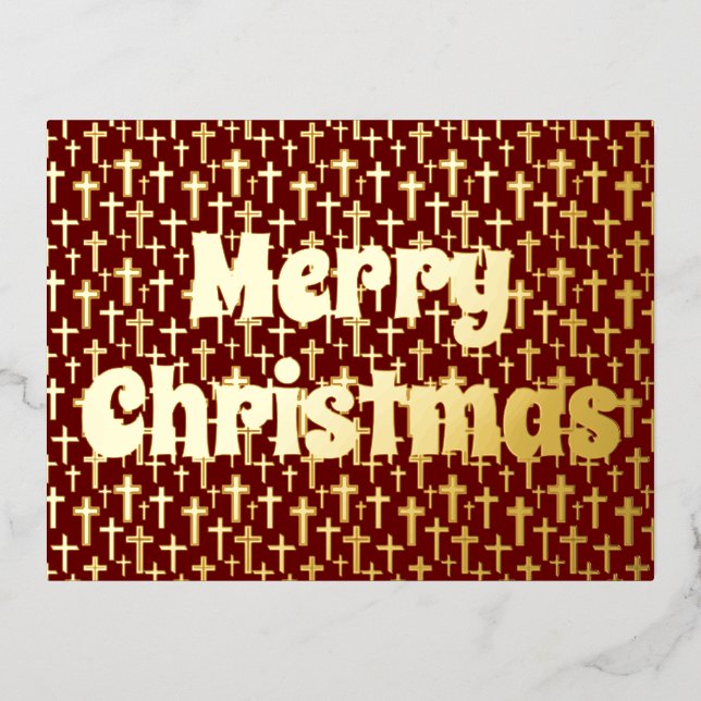 Merry Christmas Cross elegant retro red burgundy Foil Holiday Postcard (Front)