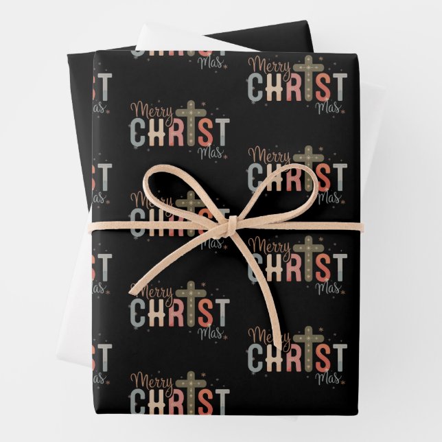 Merry Christmas Cross Religious Christian Family  Wrapping Paper Sheet (In situ)