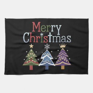 Merry Christmas Cross Xmas Tree Retro Tea Towel