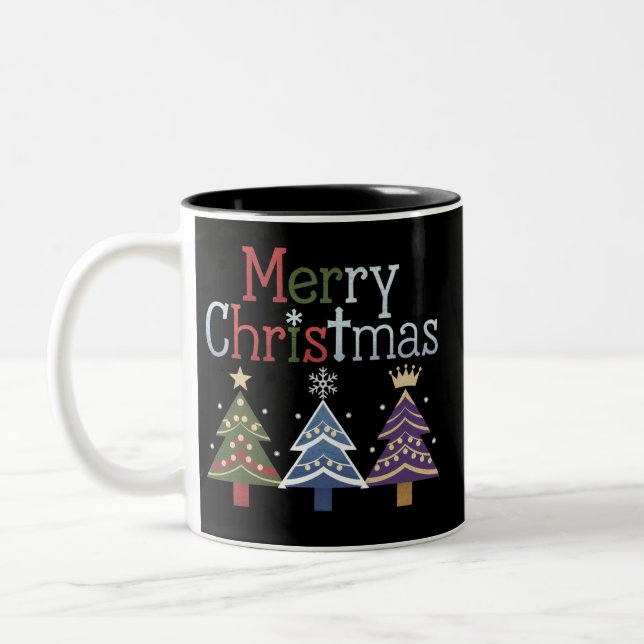 Merry Christmas Cross Xmas Tree Retro Two-Tone Coffee Mug (Left)