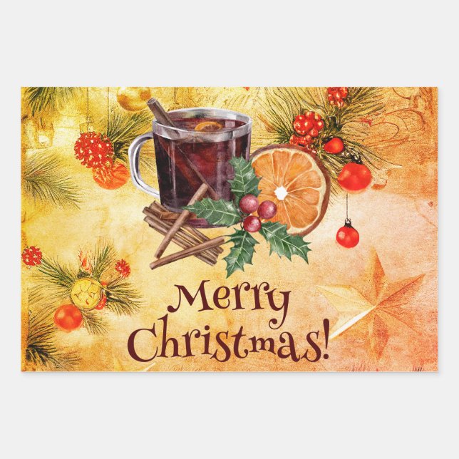 Merry Christmas Cup Orange Holly Berry Cinnamon Wrapping Paper Sheet (Front 2)