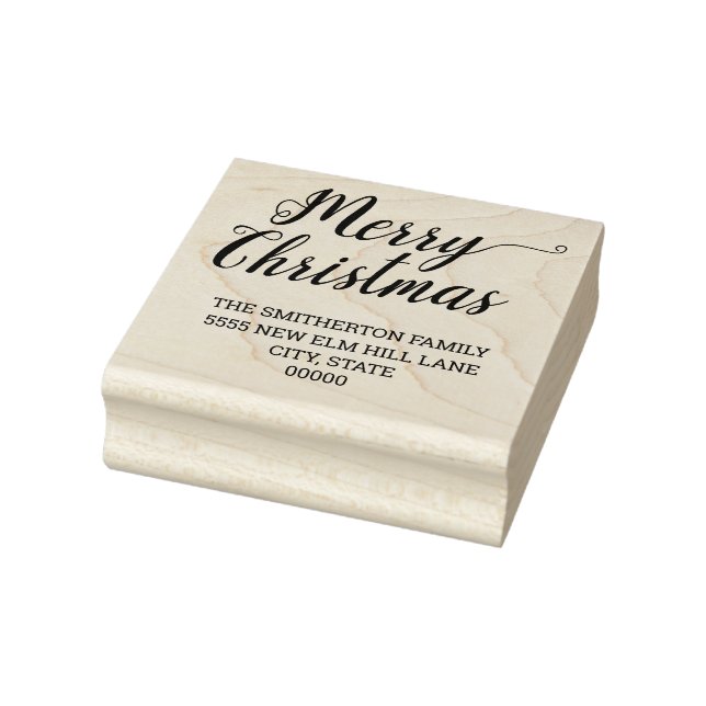 Merry Christmas Cursive Script Family Name Address Rubber Stamp (Stamp)