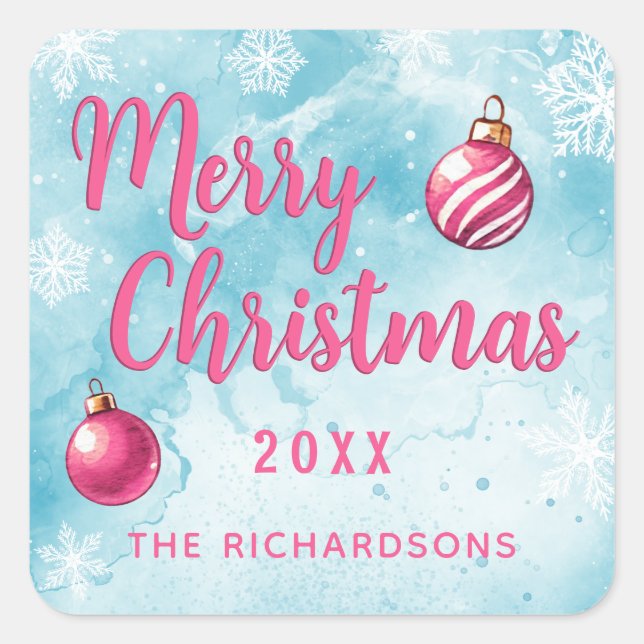 Merry Christmas Custom Blue and Pink Square Sticker (Front)