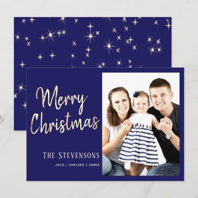 Merry Christmas | Custom Blue Gold | Holiday Photo Invitation (Front/Back)