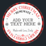 Merry Christmas Custom Buffalo Plaid Homemade   Classic Round Sticker<br><div class="desc">Merry Christmas homemade round sticker with snowflakes and options to add your own text ( name or business name) and short message towards the bottom. Can be used for your small business,  events,  non profit etc. for promotional marketing,  customer thank you gifts,  etc. Have fun with it!</div>