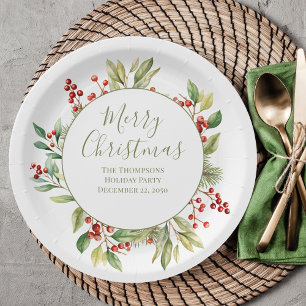 Merry Christmas Custom Greenery Wreath  Paper Plate