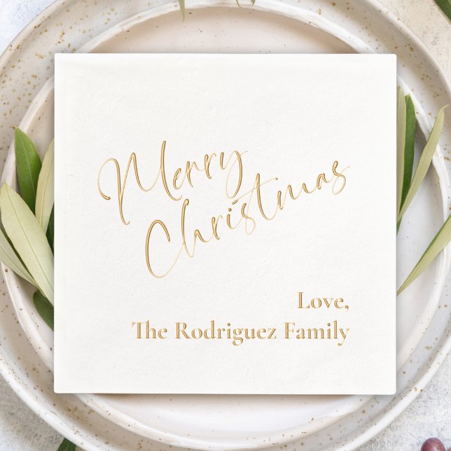 "Merry Christmas" Custom message holiday party Foil Napkins (Personalized custom "merry christmas" script calligraphy foil napkins with custom family name modern)