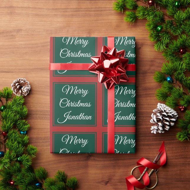 Merry Christmas Custom Name Classic Red and Green  Wrapping Paper (Holiday Gift)
