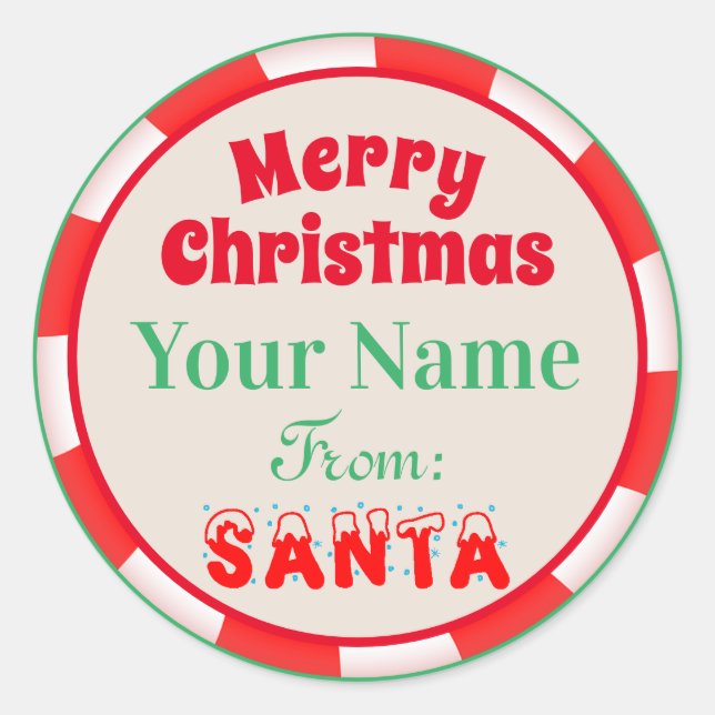 Merry Christmas Custom Name from Santa Classic Round Sticker (Front)