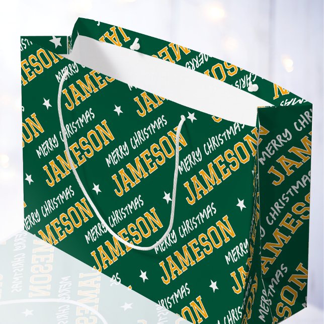 Merry Christmas Custom Name Green Gold Large Gift Bag (Creator Uploaded)