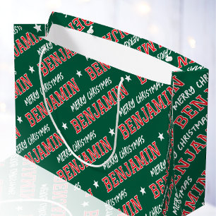 Merry Christmas Custom Name Green Red Large Gift Bag