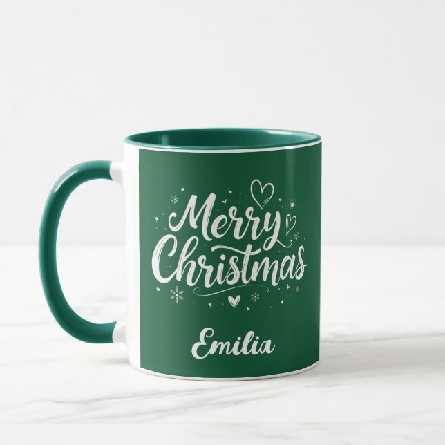 Merry Christmas Custom Name Modern Script Coffee Mug (Left)