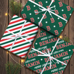 Merry Christmas Custom Name Monogram Green Red  Wrapping Paper Sheet