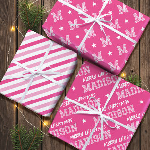 Merry Christmas Custom Name Monogram Pink Wrapping Paper Sheet