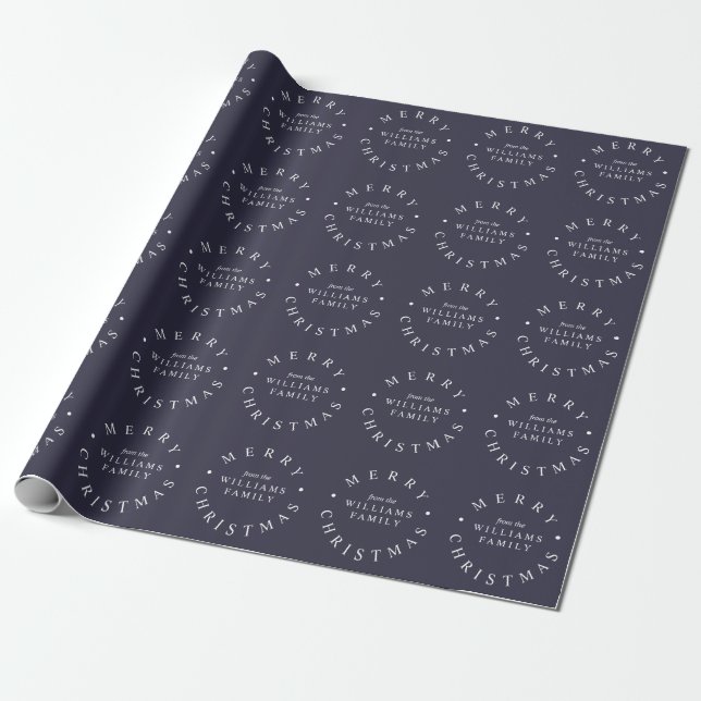 Merry Christmas Custom Name Navy Blue Holiday Wrapping Paper (Unrolled)