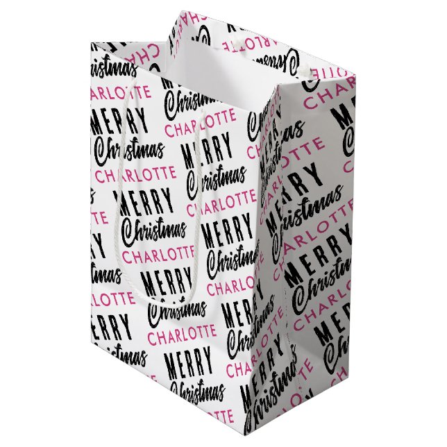 Merry Christmas Custom Name Pink Trendy Medium Gift Bag (Front Angled)