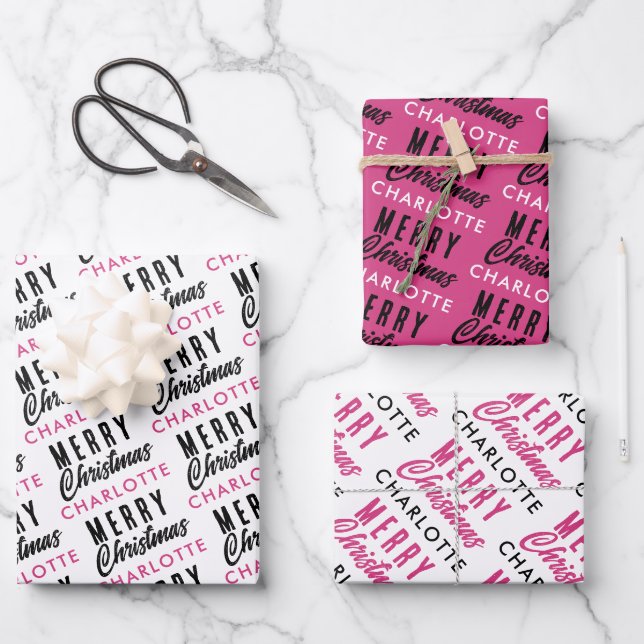 Merry Christmas Custom Name Pink Trendy Wrapping Paper Sheet (Front)