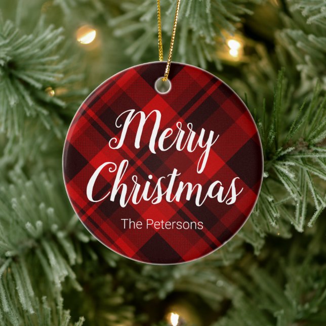Merry Christmas Custom Name Red Black Plaid Tartan Ceramic Tree Decoration (Tree)