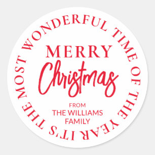 Merry Christmas Custom Name Red Classic Round Sticker