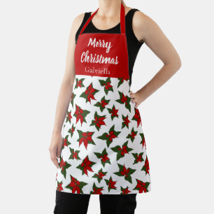 Merry Christmas custom name red floral pointsettia Apron