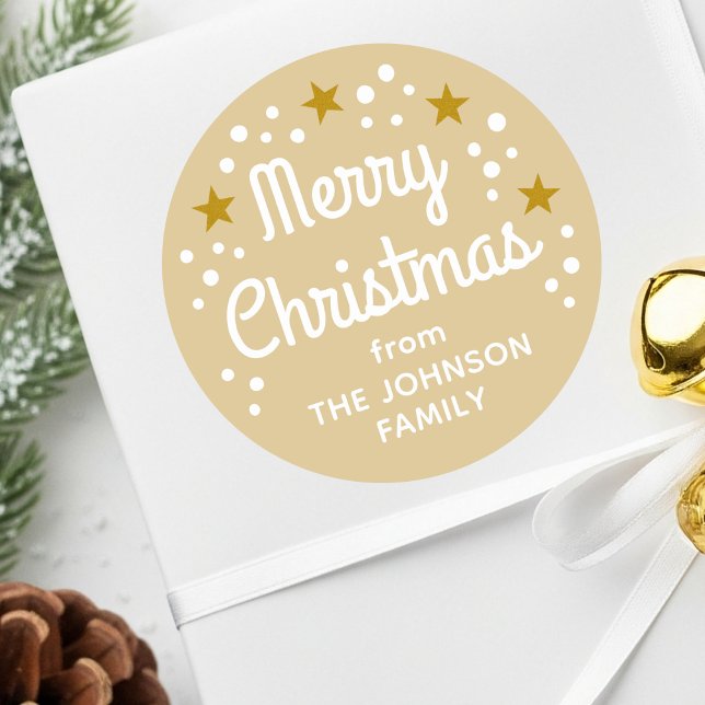 Merry Christmas Custom Name Simple Gold Classic Round Sticker (Creator Uploaded)