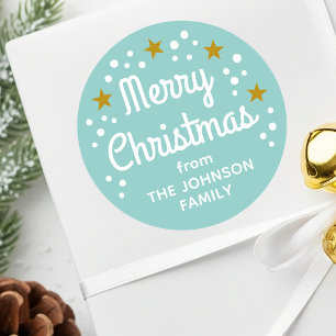 Merry Christmas Custom Name Simple Mint Blue-Green Classic Round Sticker