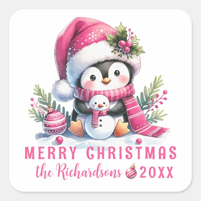 Merry Christmas Custom Name White Pink Penguin Square Sticker (Front)