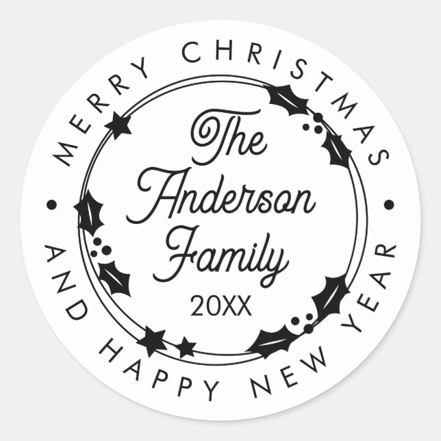 Merry Christmas Custom Name Year Script Wreath Classic Round Sticker (Front)