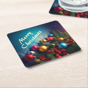 Merry Christmas Custom Personalise Text Square Paper Coaster