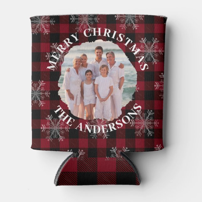 Merry Christmas Custom Photo Black Red Plaid Can Cooler (Front)
