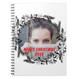 Merry Christmas Custom Photo Black White Notebook