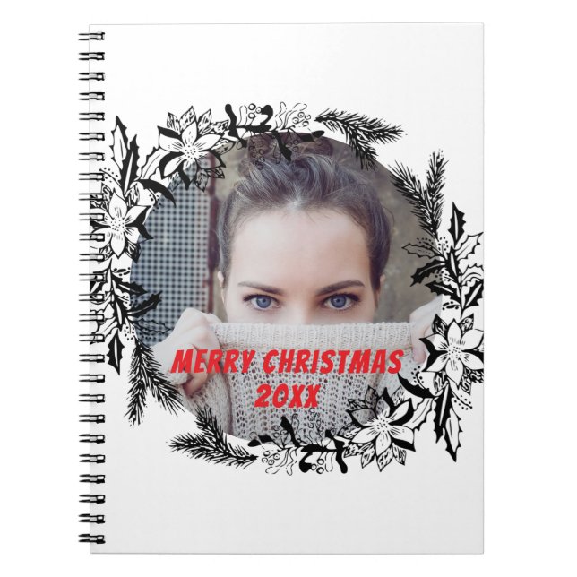 Merry Christmas Custom Photo Black White Notebook (Front)