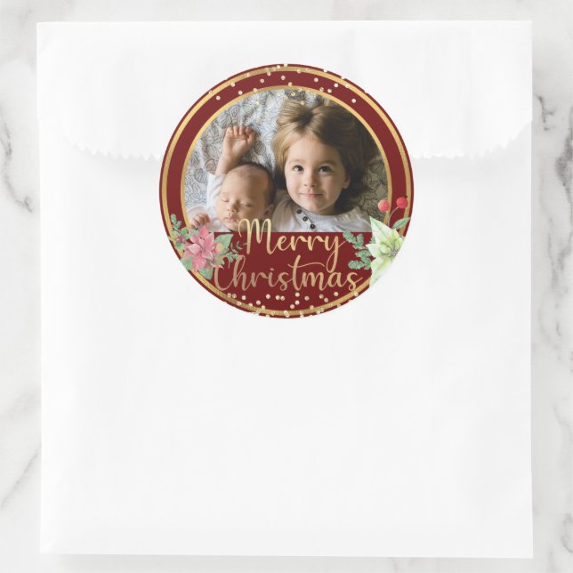 Merry Christmas Custom Photo Burgundy Red & Gold Classic Round Sticker (Bag)