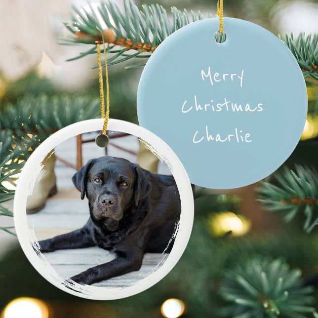 Merry Christmas Custom Photo Dog Pet Modern Blue Ceramic Tree Decoration (Creator Uploaded)