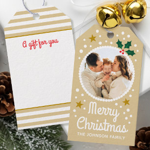 Merry Christmas Custom Photo Name Simple Cute Gold Gift Tags
