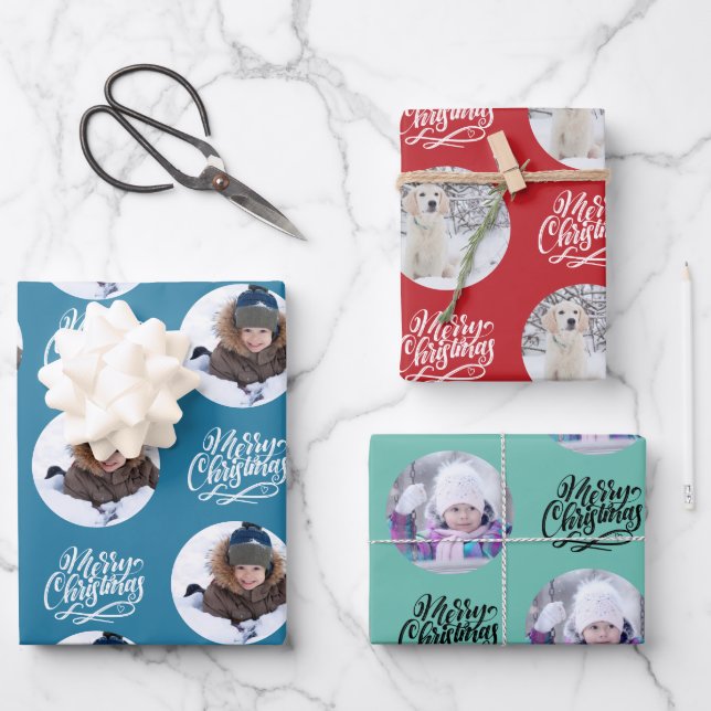 Merry Christmas Custom Photo Set of 3 Wrapping Paper Sheet (Front)