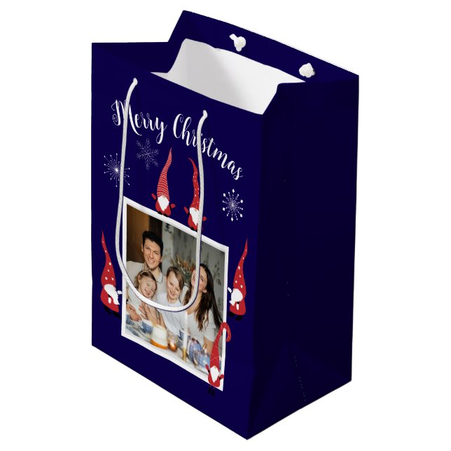 Merry Christmas Custom Photo with Funny Gnomes Medium Gift Bag (Front Angled)
