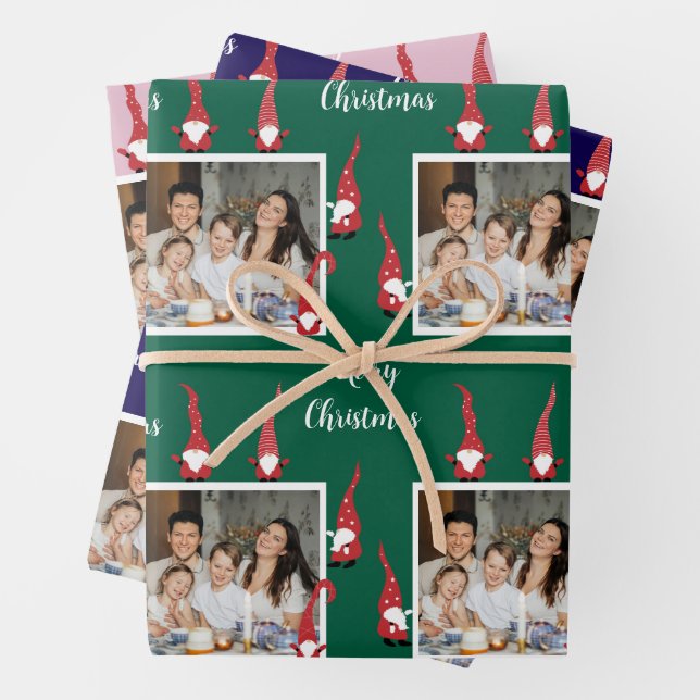 Merry Christmas Custom Photo with Funny Gnomes Wrapping Paper Sheet (In situ)