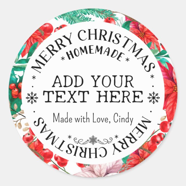 Merry Christmas Custom Red Floral Homemade   Classic Round Sticker (Front)
