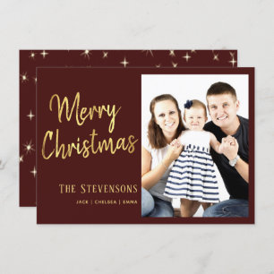 Merry Christmas Custom Red Gold Holiday Photo Invitation