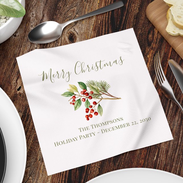 Merry Christmas Custom Red Holly Berries Napkin (Merry Christmas holiday custom cocktail napkins. )