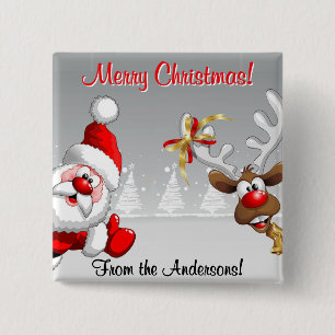Merry Christmas Custom Santa & Reindeer 15 Cm Square Badge