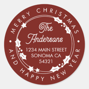 Merry Christmas Custom Script Address Wreath Red Classic Round Sticker