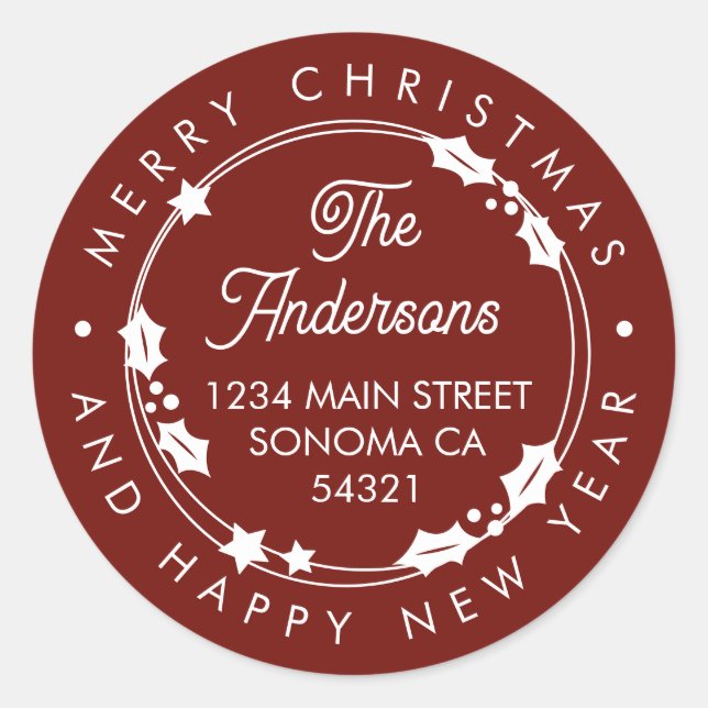 Merry Christmas Custom Script Address Wreath Red Classic Round Sticker (Front)